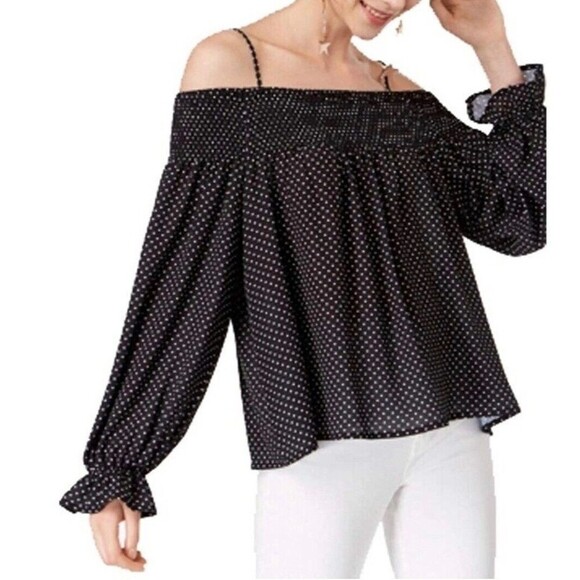 Ultra Flirt Tops - Ultra Flirt by Ikeddi Juniors' Smocked Cold-Shoulder Top Black Dot XL RW35459